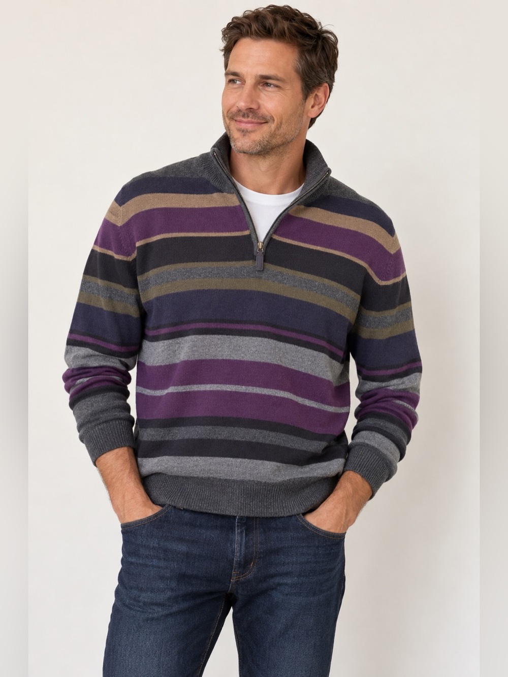 Eddie Bauer Cotton Cashmere Striped Quarter Zip Sweater Men’s XL